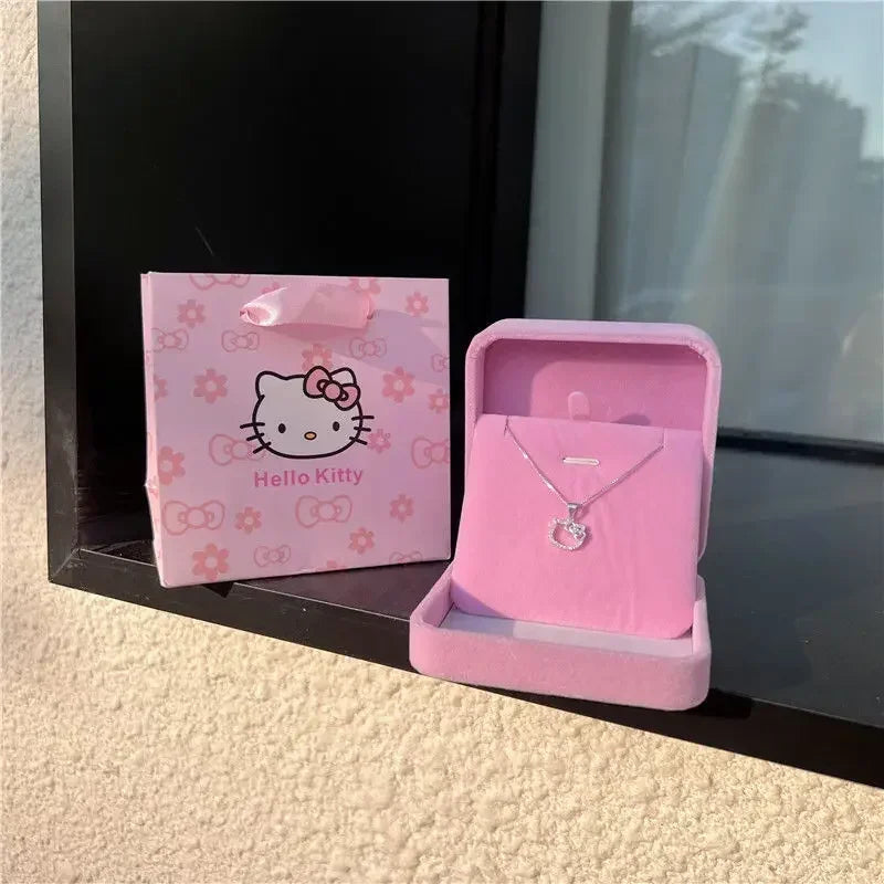 Kawaii Hello Kitty Crystal Pendant Necklace - Elegant White Zircon Jewelry for Girls