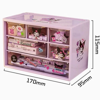 Sanrio 6-Grid Transparent Desktop Storage Box with Kuromi, Melody & Cinnamoroll Stickers