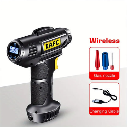 Portable 12V digital car air compressor with LED light for tire inflation.