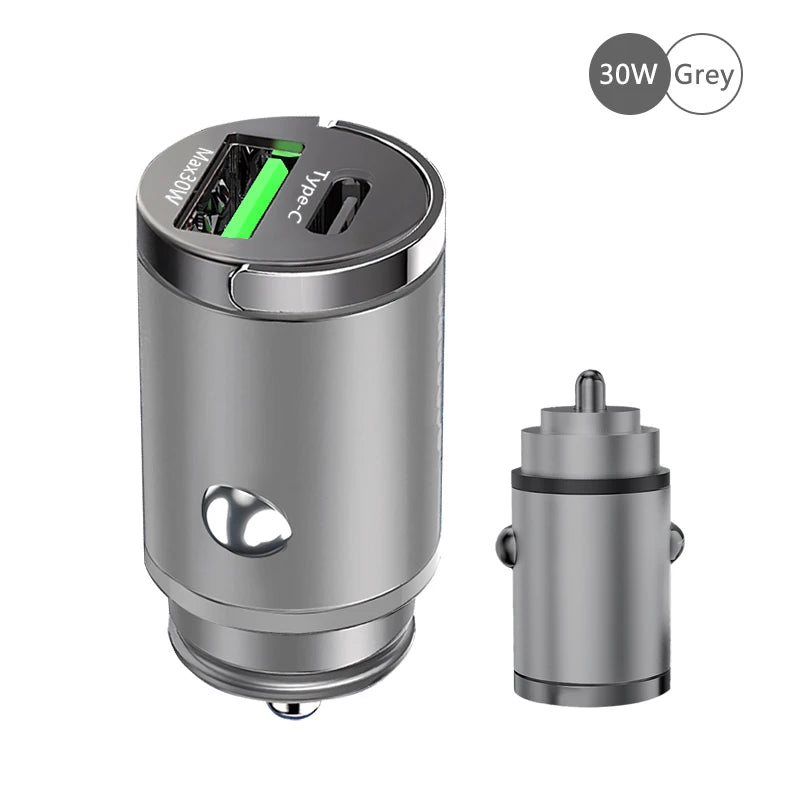 100W Car Charger with dual PD30W & QC30W intelligent chips, featuring a sleek zinc alloy body and a compact, pull-ring design. Compatible with USB and Type C devices for fast and safe charging.