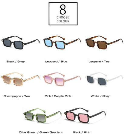 SO&EI fashion square sunglasses with retro rivet decoration and gradient UV400 lenses, available in leopard and blue, designed for women and men.