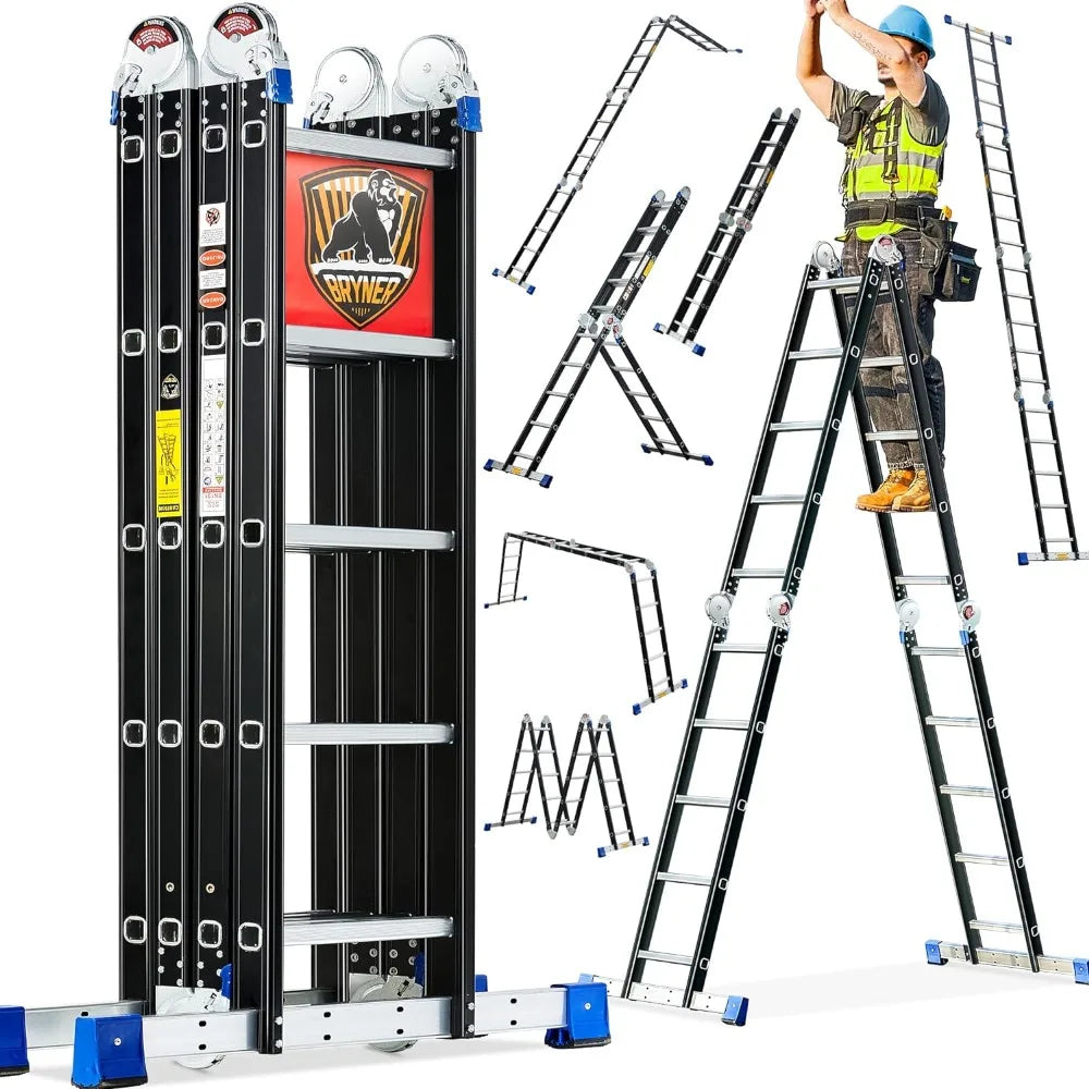 Bryner 7-in-1 folding telescoping aluminum ladder, 19.6ft, with stabilizer bars.