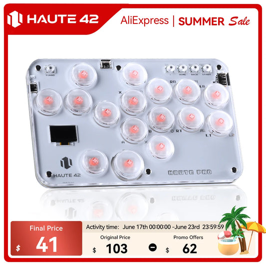 Compact Haute42 S Series Arcade Hitbox Controller with 16 buttons and RGB lighting, compatible with PC, PS4, and Switch.