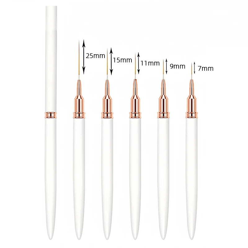 Set of five pink-handled nail art liner brushes of varying sizes displayed in a fan arrangement.