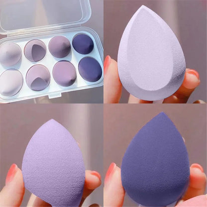 Assorted makeup sponges and puffs in a set of 4/8, ideal for applying foundation, concealer, and blush. Made of soft latex, perfect for a smooth, flawless makeup finish.