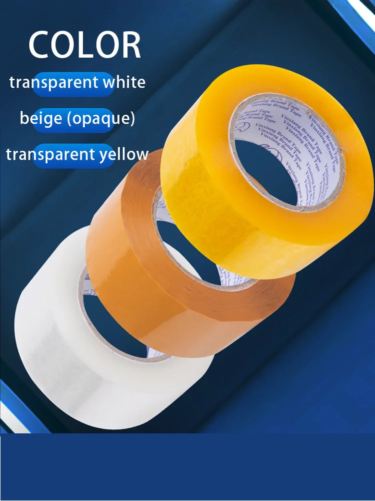 Five rolls of clear packaging tape stacked, showcasing their length and thickness, perfect for secure sealing and shipping.