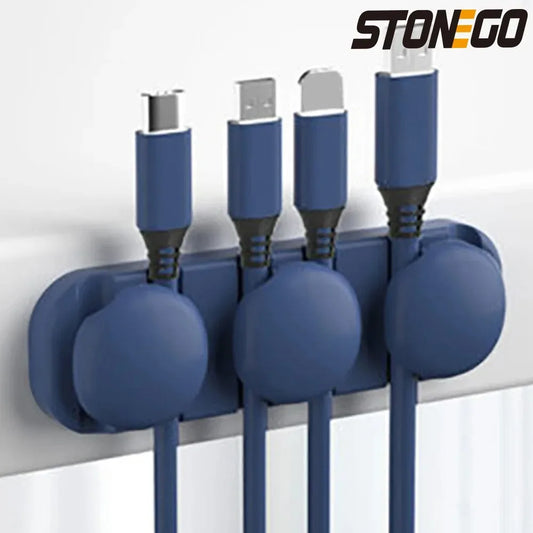 STONEGO silicone USB cable organizer with 4 channels in black, holding various cables