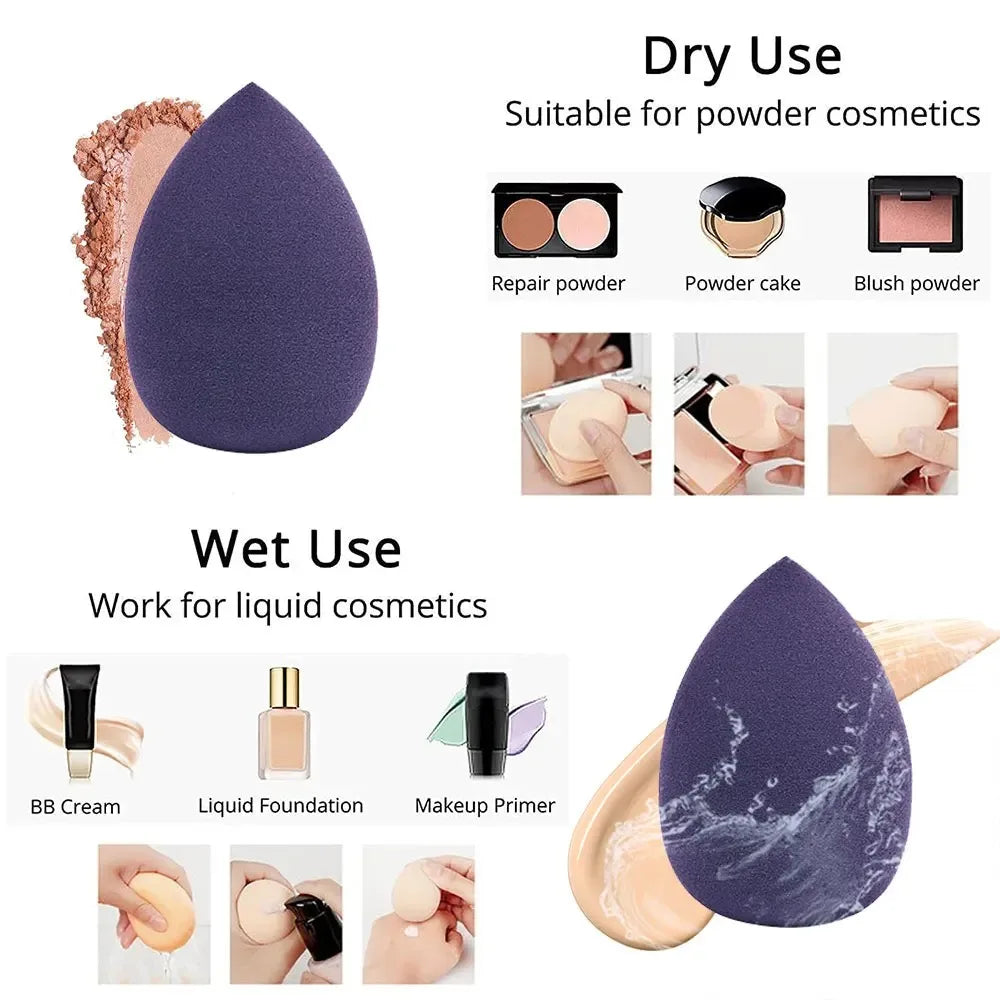 Assorted makeup sponges and puffs in a set of 4/8, ideal for applying foundation, concealer, and blush. Made of soft latex, perfect for a smooth, flawless makeup finish.