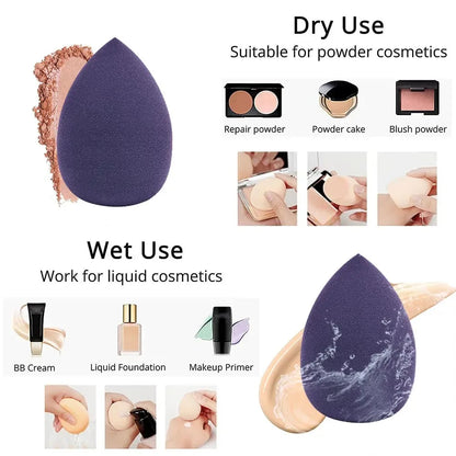 Assorted makeup sponges and puffs in a set of 4/8, ideal for applying foundation, concealer, and blush. Made of soft latex, perfect for a smooth, flawless makeup finish.