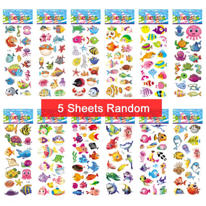 Five sheets of colorful puffy stickers featuring various cartoon designs, perfect for kids' scrapbooking and holiday gifts.