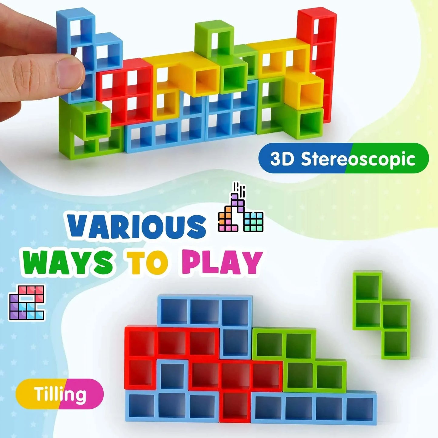 Colorful plastic blocks stacked in a balance game, perfect for kids and adults.