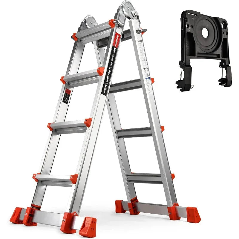 XMSJ 17 Ft telescopic aluminum ladder with stabilizer bars and removable tool tray.