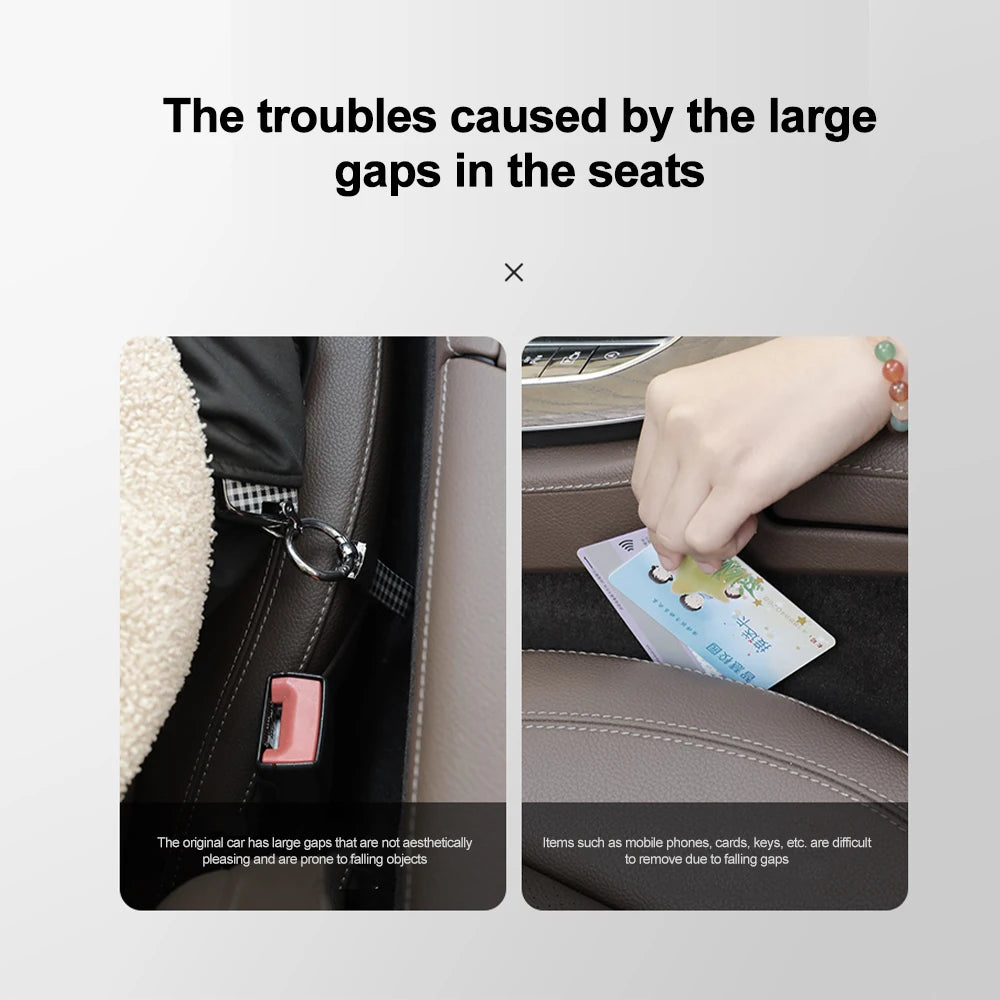 Car seat gap filler organizer with 3 grooves for small items, waterproof PU material.