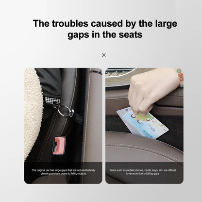 Car seat gap filler organizer with 3 grooves for small items, waterproof PU material.