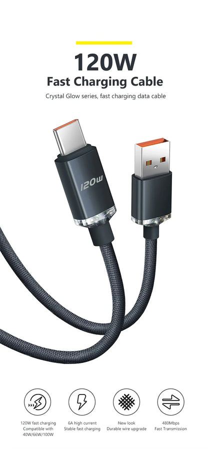 120W 6A Fast Charge USB Type-C Cable, compatible with Samsung, Realme, Xiaomi, Huawei