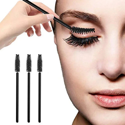 A collection of disposable eyelash mascara brushes and eyebrow spoolie wands, available in packs of 100 or 300. Ideal for lash extensions, eyebrow grooming, and makeup application.