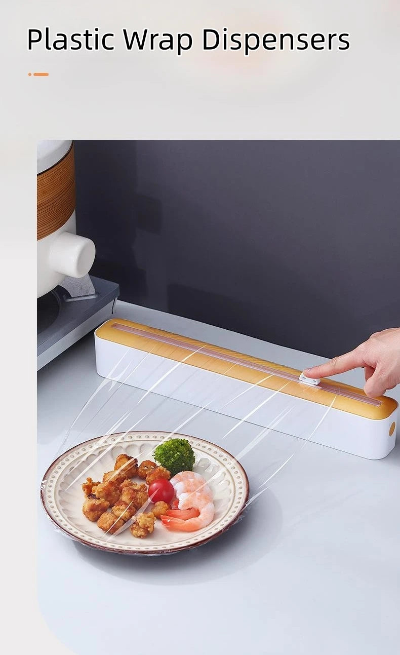 Plastic cling wrap dispenser with cutter, anti-drop design, fits up to 35 cm wide wraps.