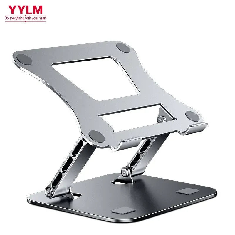 Adjustable aluminum laptop and tablet stand with non-slip silicone pads, designed for 11-17.5" devices, featuring ergonomic height adjustment and a sleek modern design.