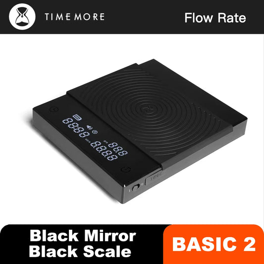 TIMEMORE Black Mirror Basic 2 coffee scale with LED display and auto timer.