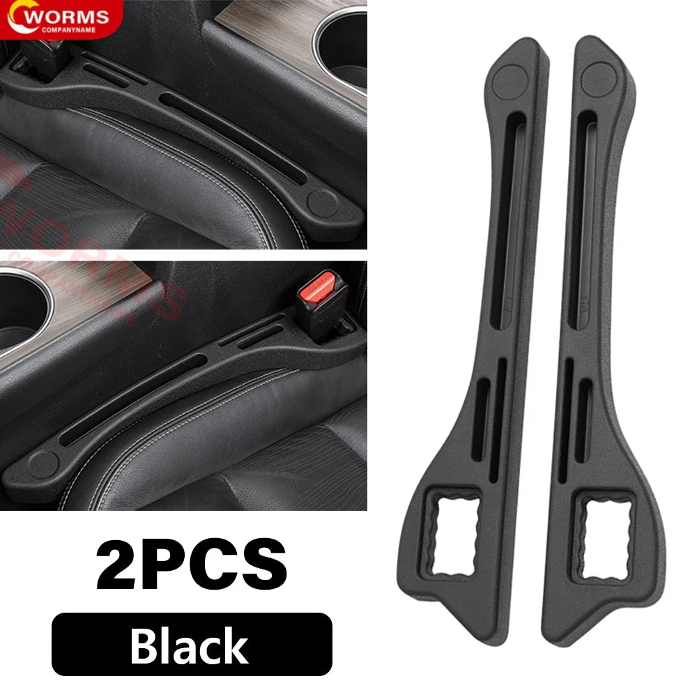 Universal car seat gap filler plug strip made from durable PU material, designed to prevent items from falling into the gap between the seat and console. Features holes for seat belt buckle access. Available in multiple colors.