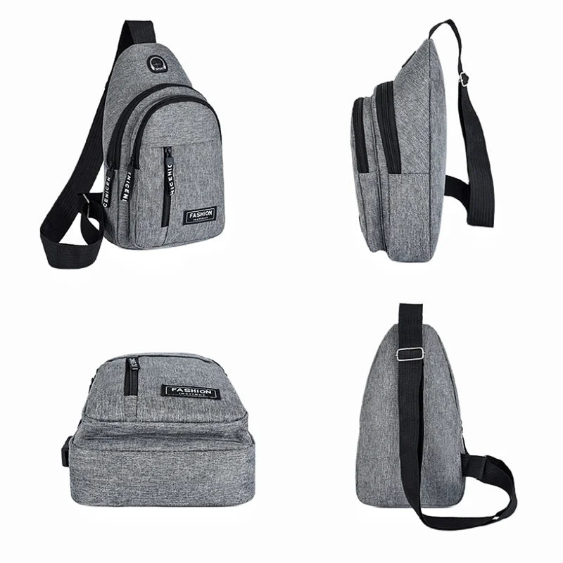 Markroyal multifunctional men's chest bag in Oxford cloth, available in black, gray, and blue, with a telescopic handle and multiple compartments.