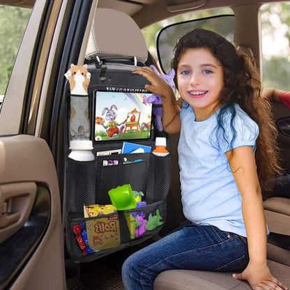 Car back seat organizer with touch screen tablet holder, waterproof and adjustable.