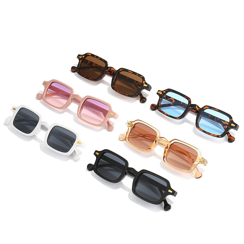 SO&EI fashion square sunglasses with retro rivet decoration and gradient UV400 lenses, available in leopard and blue, designed for women and men.