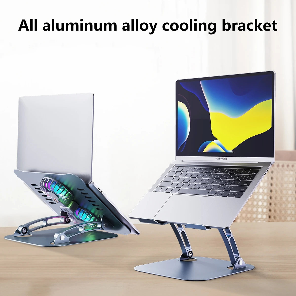 Laptop stand with cooling fan, designed to boost productivity and reduce heat for MacBook, Dell, Lenovo, and other laptops.