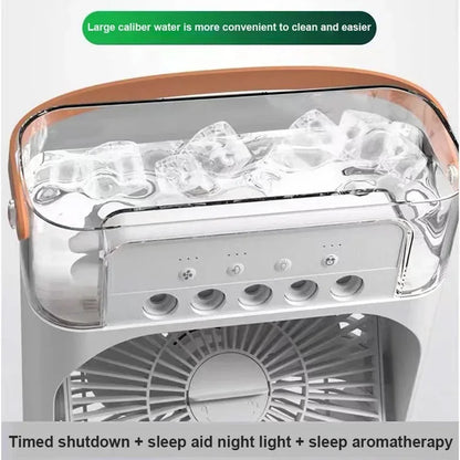 Portable 3-in-1 air cooler fan with 7-color LED lights, featuring a 600ML tank, ideal for cooling and humidifying in any space.