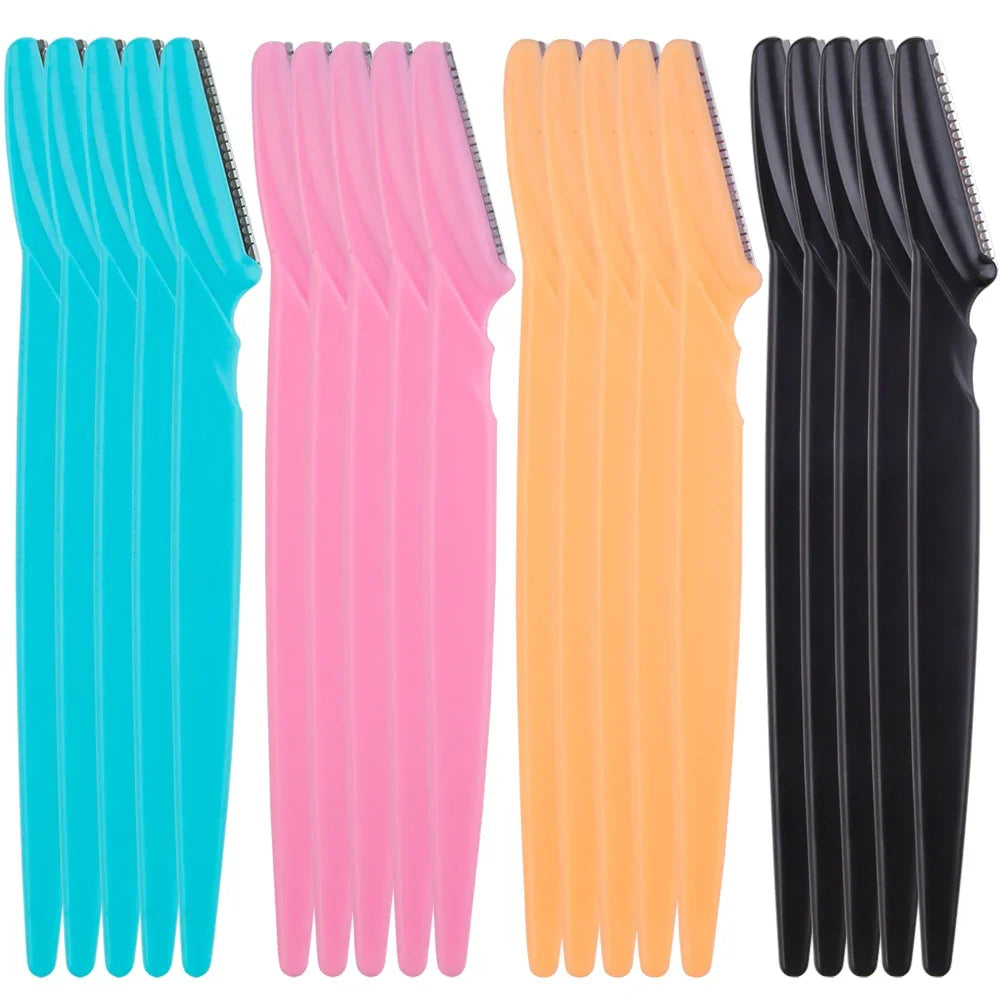 Eyebrow trimmer set in pink, yellow, blue, and black, featuring stainless steel blades and ergonomic handles. Includes 3, 4, or 10 pieces for portable grooming.