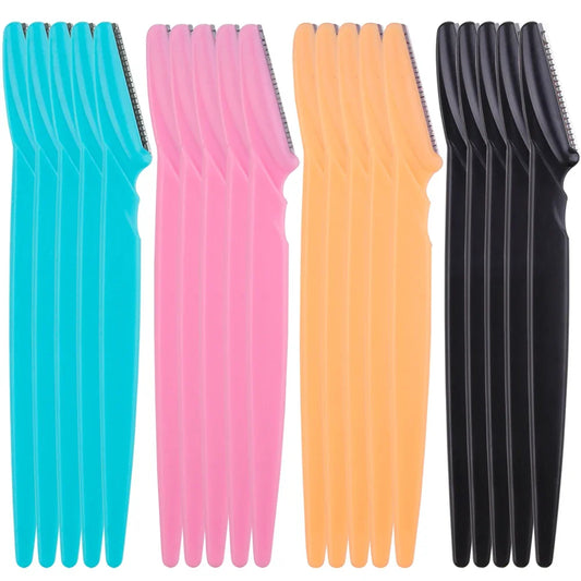 Eyebrow trimmer set in pink, yellow, blue, and black, featuring stainless steel blades and ergonomic handles. Includes 3, 4, or 10 pieces for portable grooming.