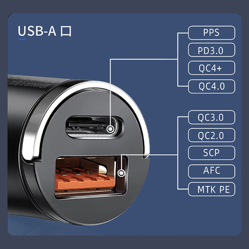 100W Car Charger with dual PD30W & QC30W intelligent chips, featuring a sleek zinc alloy body and a compact, pull-ring design. Compatible with USB and Type C devices for fast and safe charging.