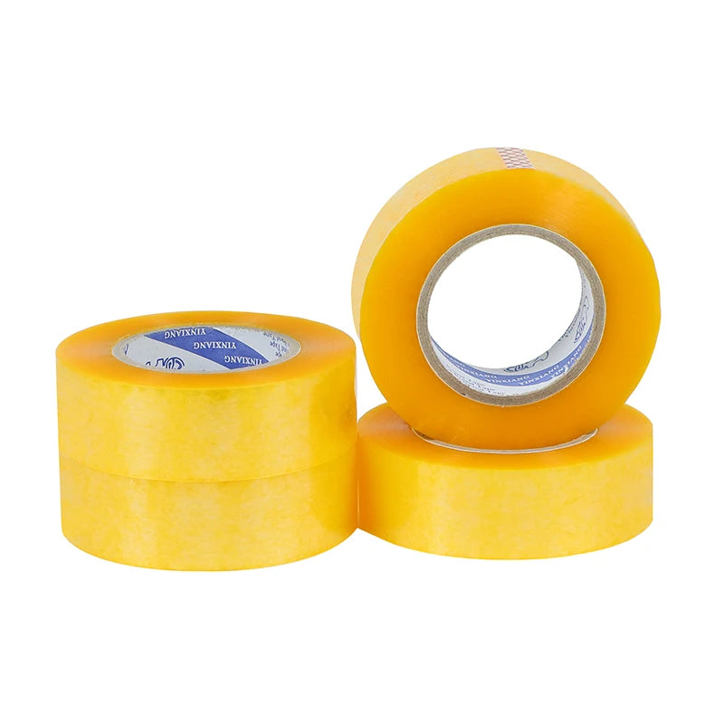 Five rolls of clear packaging tape stacked, showcasing their length and thickness, perfect for secure sealing and shipping.