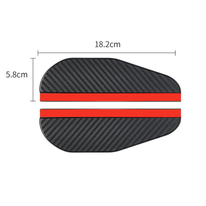 Two carbon fiber-look rain eyebrow visors for car rearview mirrors, providing weather protection and a stylish appearance.