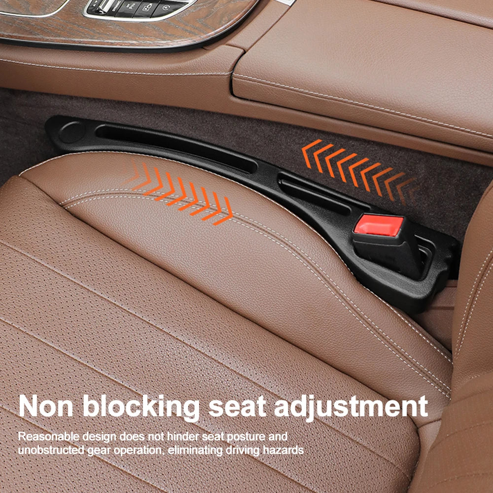 Car seat gap filler organizer with 3 grooves for small items, waterproof PU material.