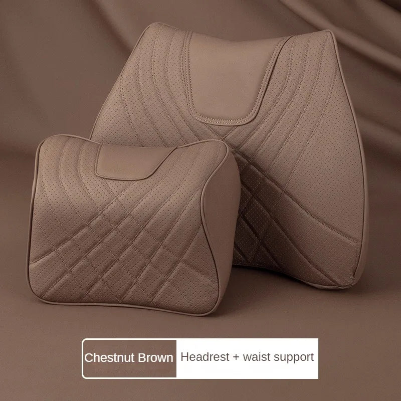 Leather car headrest pillow set with memory foam lumbar and neck support