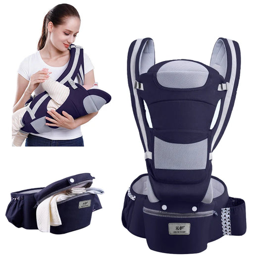 Ergonomic newborn baby carrier backpack with hipseat, front-facing option, and durable cotton fabric, ideal for infants and toddlers.