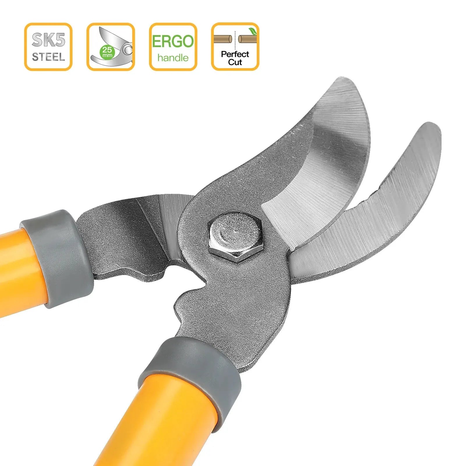 Stainless steel garden pruning shears with labor-saving design and protective cover.