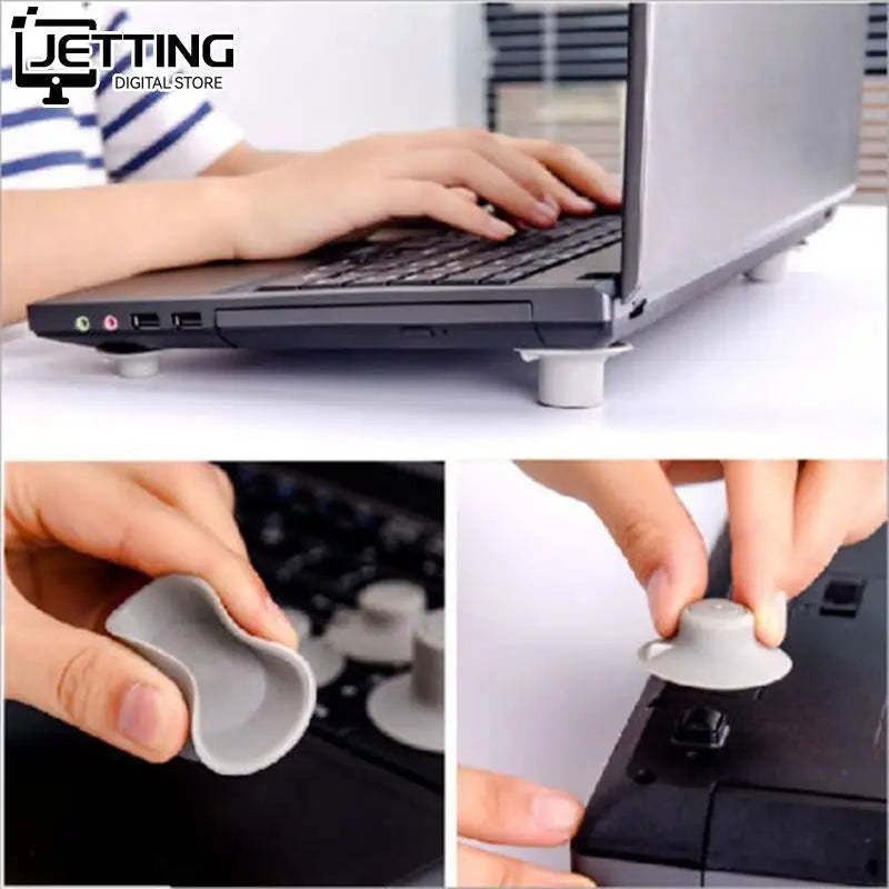 Two large and two small grey laptop cooling pads, designed to prevent overheating and provide stability with a skidproof surface, suitable for universal laptop sizes.