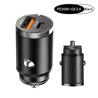 100W Car Charger with dual PD30W & QC30W intelligent chips, featuring a sleek zinc alloy body and a compact, pull-ring design. Compatible with USB and Type C devices for fast and safe charging.