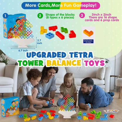 Colorful plastic blocks stacked in a balance game, perfect for kids and adults.