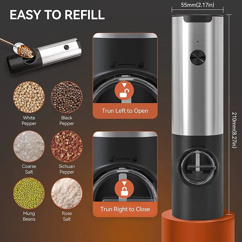 Close-up of USB rechargeable electric salt and pepper grinder set with LED light, stainless steel body, and adjustable coarseness knob. Perfect for precise seasoning in the kitchen.