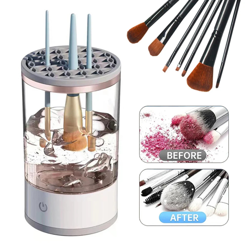 3-in-1 electric makeup brush cleaner with UV sterilization, sonic vibration, and quick-dry features. Includes a brush holder and USB cable for convenient use.