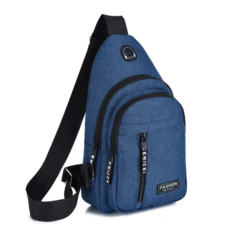 Markroyal multifunctional men's chest bag in Oxford cloth, available in black, gray, and blue, with a telescopic handle and multiple compartments.