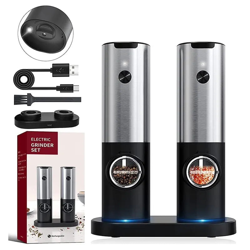 Close-up of USB rechargeable electric salt and pepper grinder set with LED light, stainless steel body, and adjustable coarseness knob. Perfect for precise seasoning in the kitchen.