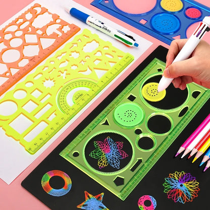 Colorful spirograph drawing stencil set with rulers for kids aged 14 and above, ideal for creative art and educational play.