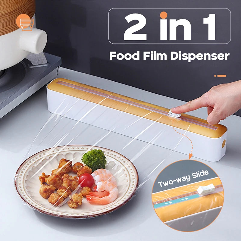 Magnetic food film dispenser with cutter, suitable for plastic wrap and foil.