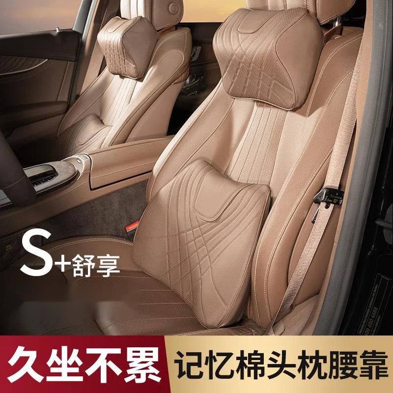 New Car Headrest Pillow Set - Sewing Leather Lumbar Waist Support Memory Foam Seat Neck Cushion