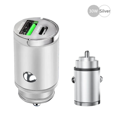 100W Car Charger with dual PD30W & QC30W intelligent chips, featuring a sleek zinc alloy body and a compact, pull-ring design. Compatible with USB and Type C devices for fast and safe charging.