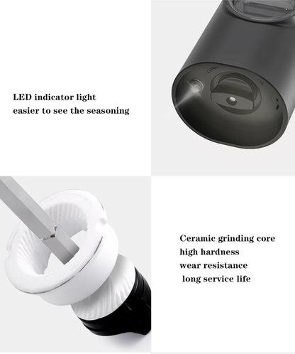 Close-up of USB rechargeable electric salt and pepper grinder set with LED light, stainless steel body, and adjustable coarseness knob. Perfect for precise seasoning in the kitchen.